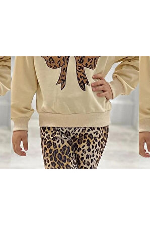 Kız Çocuk Leopar Desenli Fiyonk Detaylı Yumuşak Dokulu Günlük Stil Alt Üst Takım