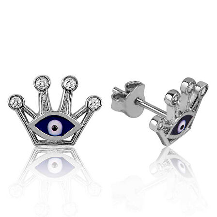 KENPAZAR 925 Ayar Gümüş Nazarlı Kraliçe Tacı Çivili Küpe