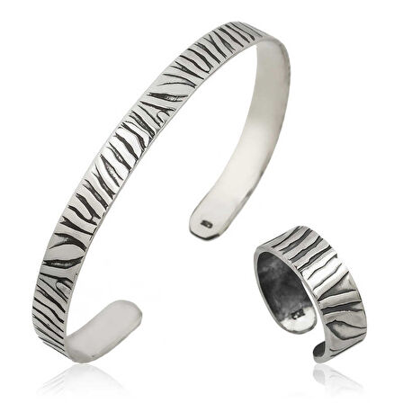 KENPAZAR 925 Ayar Gümüş Zebra Desenli Bileklik Ve Yüzük Set