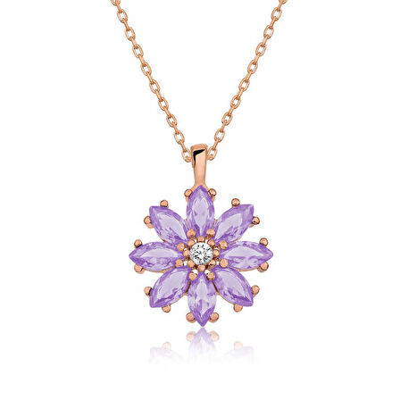KENPAZAR 925 Ayar Gümüş Rose Lila Çiçek Kadın Gümüş Kolye