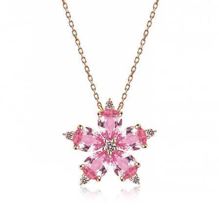 KENPAZAR 925 Ayar Gümüş Rose Pembe Kamelya Çiçeği Kolye