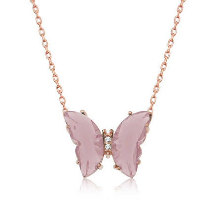 KENPAZAR 925 Ayar Gümüş Rose Pudra Cam Kelebek Kolye
