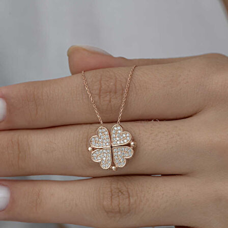 KENPAZAR 925 Ayar Gümüş Rose Kalpli Açılabilen Yonca Kadın Kolye