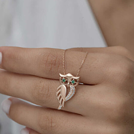 KENPAZAR ​925 Ayar Gümüş Rose Yeşil Gözlü Baykuş Kadın Gümüş Kolye