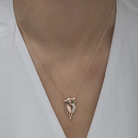 KENPAZAR ​925 Ayar Gümüş Rose Yeşil Gözlü Baykuş Kadın Gümüş Kolye