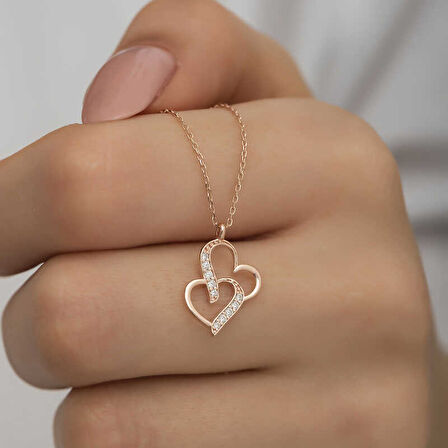 KENPAZAR 925 Ayar Gümüş Rose Birleşmiş Kalpler Kadın Gümüş Kolye