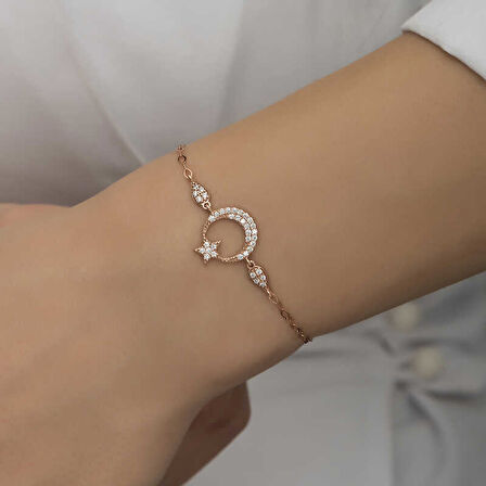 KENPAZAR 925 Ayar Gümüş Rose Ay Yıldız Kadın Bileklik