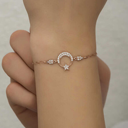 KENPAZAR 925 Ayar Gümüş Rose Ay Yıldız Kadın Bileklik