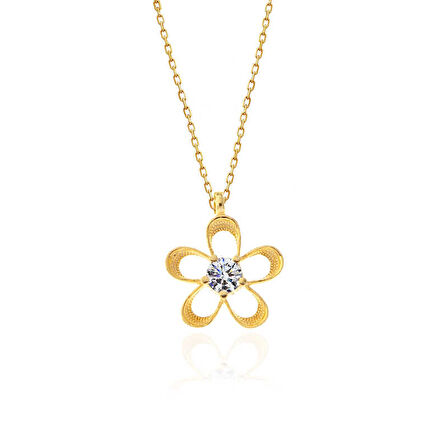 KENPAZAR ​925 Ayar Gümüş Gold Zirkon Taşlı Çiçek Kadın Kolye