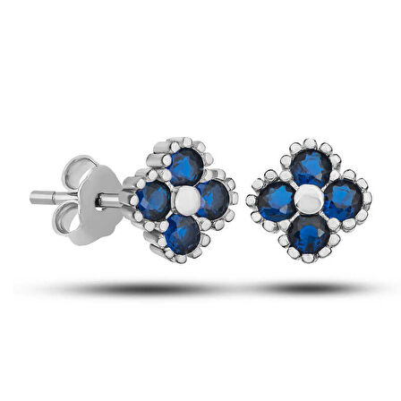 KENPAZAR Gümüş Yonca Çivili Mavi Taşlı Çocuk Küpe