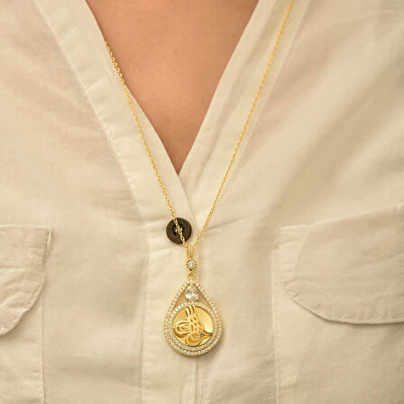 KENPAZAR 925 Ayar Gümüş Gold Kaplama Damla Tuğralı Kadın Kolye