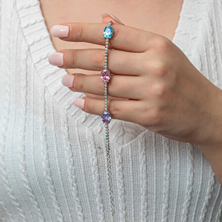 KENPAZAR Gümüş Mix Taşlı Oval Su Yolu Kadın Bileklik