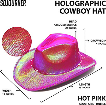 KENPAZAR Neon Hologramlı Kovboy Model Parti Şapkası Fuşya Yetişkin 39X36X14 cm