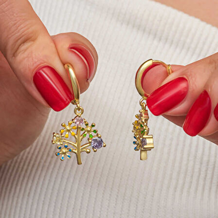 KENPAZAR Gümüş Gold Renkli Taşlı Hayat Ağacı Kadın Küpe