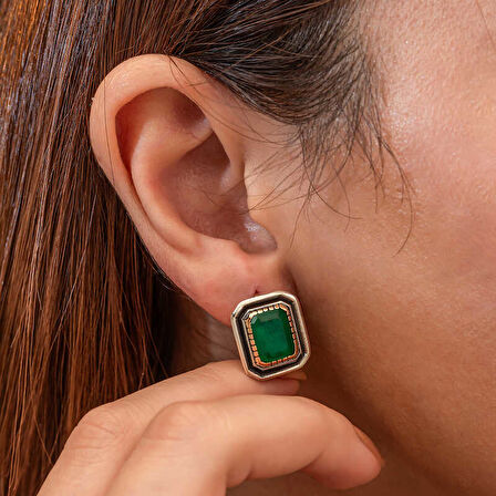 KENPAZAR Gümüş Yeşil Taşlı Otantik Kadın Küpe