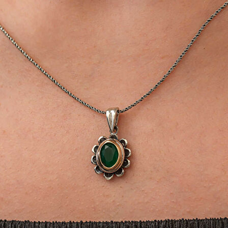 KENPAZAR Gümüş Yeşil Çiçek Desenli Otantik Kadın Kolye