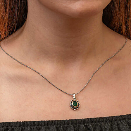 KENPAZAR Gümüş Yeşil Çiçek Desenli Otantik Kadın Kolye