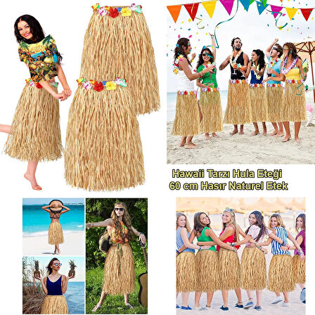 KENPAZAR Hawaii Tarzı Hula Eteği – 60 cm Hasır Naturel Etek