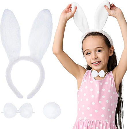 KENPAZAR Beyaz Tavşan Kostüm Seti – Taç, Papyon, Kuyruk (12’li Paket)