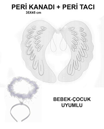 KENPAZAR Beyaz Dantel Tüllü Peri Kanadı ve Peri Tacı Seti 45x40 cm