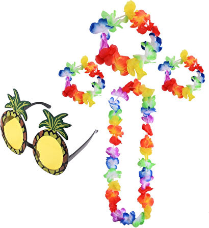 KENPAZAR Renkli Ananas Gözlük, Taç, Kolye ve Bileklik Seti