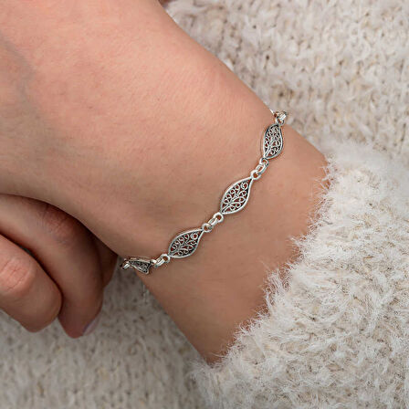 KENPAZAR Gümüş Telkari Yaprak Desenli Kadın Bileklik