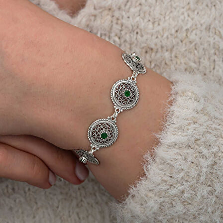 KENPAZAR Gümüş Telkari Zümrüt Taşlı Kadın Bileklik