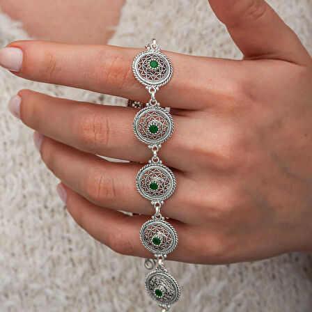 KENPAZAR Gümüş Telkari Zümrüt Taşlı Kadın Bileklik