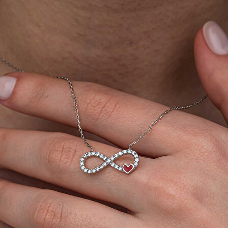 KENPAZAR Gümüş Sonsuzluk Kırmızı Kalpli Kadın Kolye