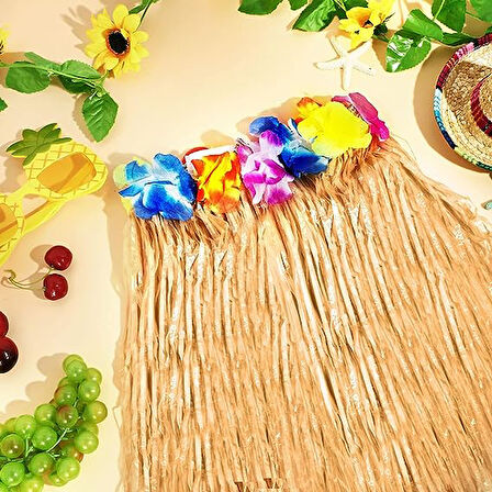 KENPAZAR Yetişkin ve Çocuk Uyumlu Saman Renk Hawaii Luau Hula Etek 40 cm 12 Adet