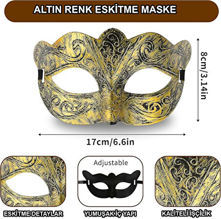 KENPAZAR Altın Renk Eskitme Maskeli Balo Maskesi – Venedik Tarzı Parti Maskesi
