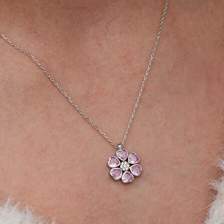 KENPAZAR Gümüş Pembe Kalpli Çiçek Kadın Kolye