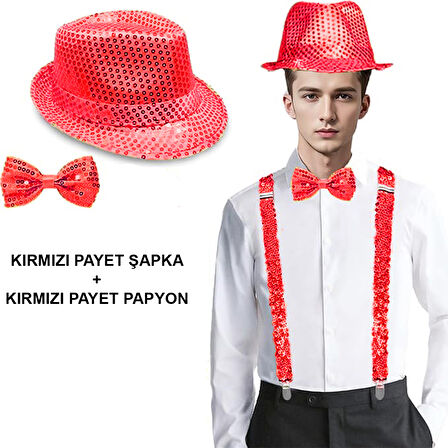 KENPAZAR Kırmızı Payetli Şapka ve Papyon Seti – Parıltılı Yetişkin Kostüm Seti