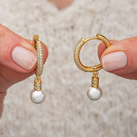 KENPAZAR Gümüş Zirkon Taşlı Gold Halka İnci Küpe