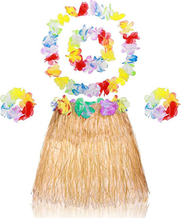 KENPAZAR Yetişkin Çocuk Hawaii Parti Seti - 40 cm Naturel Etek + Çiçek Aksesuarlar (5 Parça)