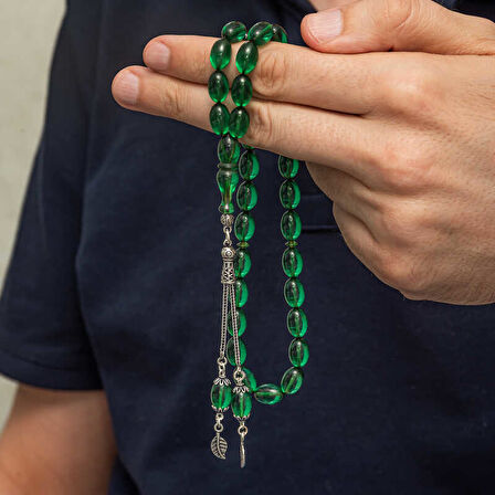 KENPAZAR Gümüş Püsküllü Yeşil Ateş Kehribar Tesbih