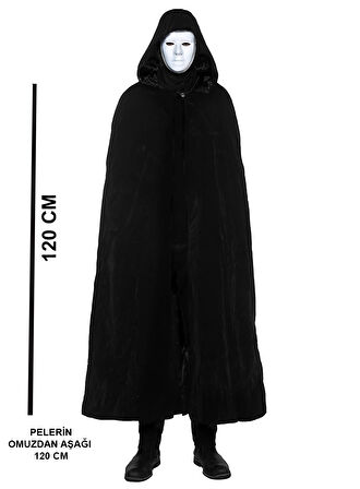 KENPAZAR Siyah Kapüşonlu 120 cm Pelerin ve Beyaz Boyanabilir Tam Yüz Maske