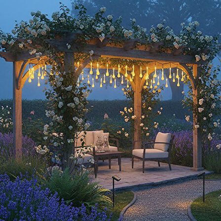 KENPAZAR Damla Şeklinde 50 Led Güneş Enerjili Bahçe Balkon Aydınlatma 7 Metre ışık