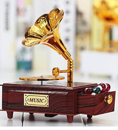 KENPAZAR Nostaljik Gramafon Hareketli Müzik Kutusu Çekmeceli N-28AL5