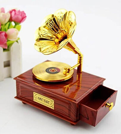 KENPAZAR Nostaljik Gramafon Hareketli Müzik Kutusu Çekmeceli N-28AL5