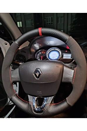 DİKİŞLİ DİREKSİYON KILIFI KARBON NUBUK KIRMIZI YÜZÜK KIRMIZI DİKİŞ RENAULT FLUENCE İÇİN HIZLI KARGO
