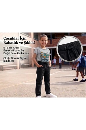 Unisex Erkek Kız Çocuk Ribana Bel Lastikli Boru Paça Kanvas-Keten Keten Siyah Okul Pantolonu