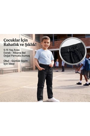 Unisex Erkek Kız Çocuk Ribana Bel Lastikli Boru Paça Kanvas-Keten Keten Siyah Okul Pantolonu
