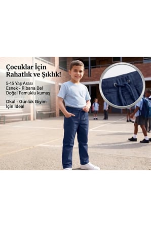 Unisex Erkek Kız Çocuk Ribana Bel Lastikli Boru Paça Kanvas-Keten Keten Lacivert Okul Pantolonu