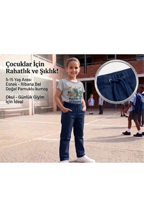 Unisex Erkek Kız Çocuk Ribana Bel Lastikli Boru Paça Kanvas-Keten Keten Lacivert Okul Pantolonu