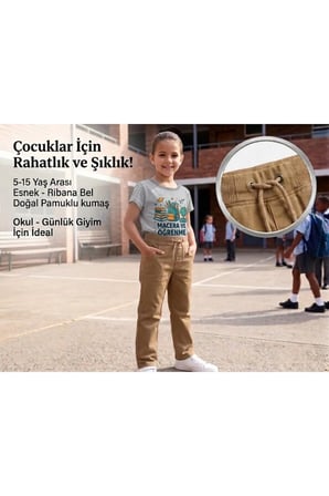Unisex Erkek Kız Çocuk Ribana Bel Lastikli Boru Paça Kanvas-Keten Keten Camel Okul Pantolonu