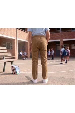 Unisex Erkek Kız Çocuk Ribana Bel Lastikli Boru Paça Kanvas-Keten Keten Camel Okul Pantolonu