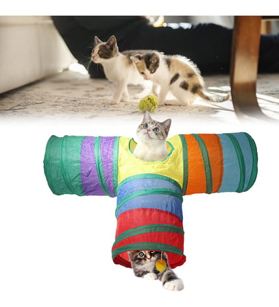 Gökkuşağı Desenli T Model Kedi Oyun Tüneli, Katlanabilir 50 x 75 cm - KNY-TNL-TMDL