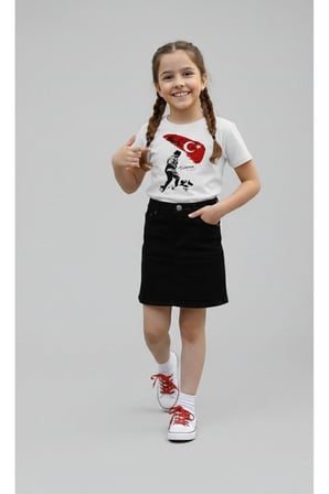 Kız Çocuk Kocatepe ATATÜRK Baskılı T-Shirt Ve Keten Etek Takım 23 NİSAN-Özel Bayramlar