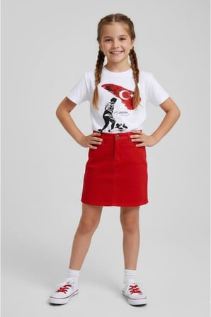 Kız Çocuk Kocatepe ATATÜRK Baskılı T-Shirt Ve Keten Etek Takım 23 NİSAN-Özel Bayramlar